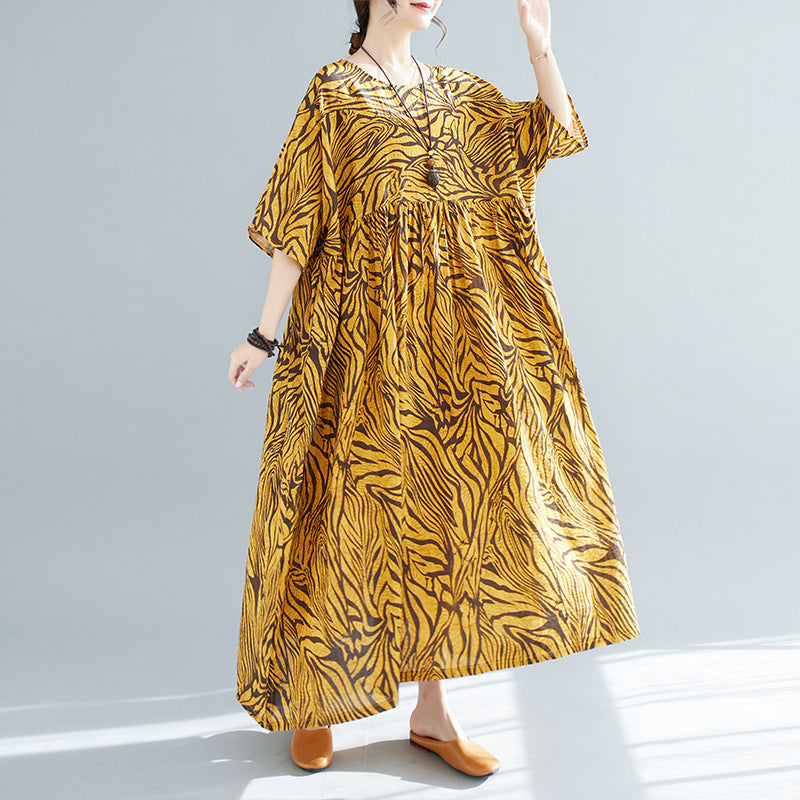 Artistic Oversized Loose-fitting Pattern Print Short Sleeve Swing Dress For Women