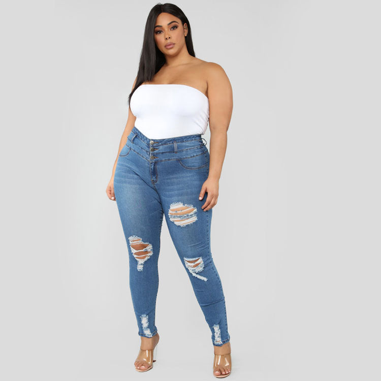 Zerrissene Fat Jeans mit hoher Taille und großen Größen