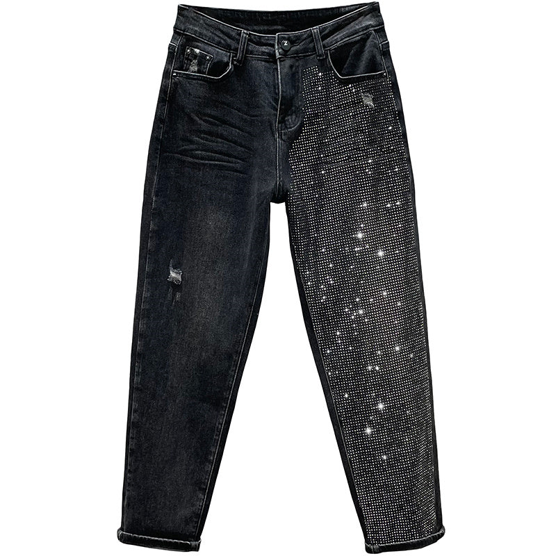 Jeans larghi da donna in cotone elasticizzato a vita alta snellenti con strass caldi