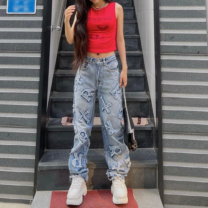 Jeans dritti da strada con toppa con lettera personalizzata