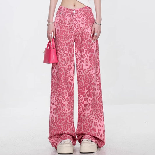 Jeans leopardati Pantaloni larghi e dritti sottili da donna