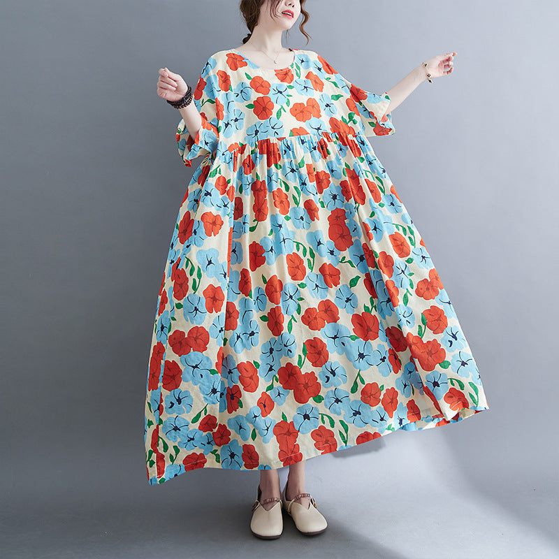Künstlerisches, großes, lockeres, bedrucktes Kurzarmkleid aus Baumwolle und Leinen für Damen
