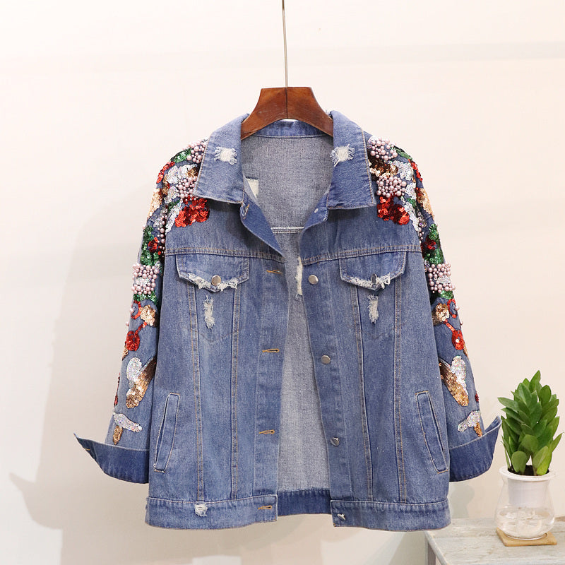 Giacca di jeans snellente con perline e paillettes ricamate, modello Loose Heavy Industry, da donna
