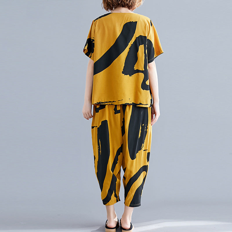 Kurzärmelige Haremshose aus Baumwolle und Leinen für Damen mittleren Alters