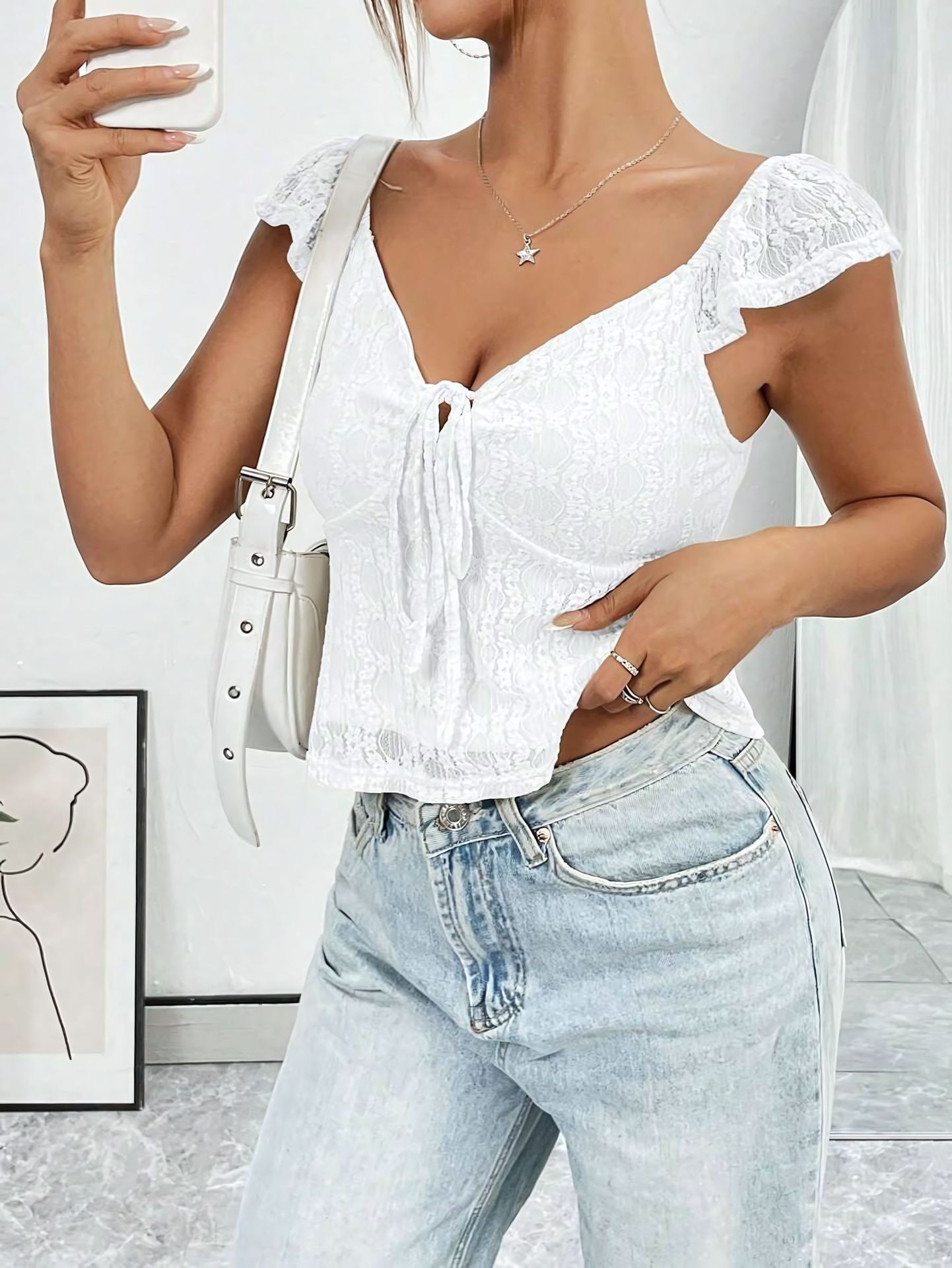 Casual Short Top Lace Lace Band V-neck Top