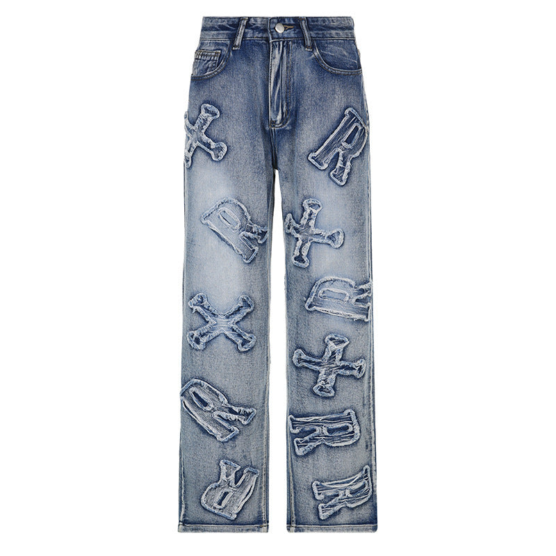 Jeans dritti da strada con toppa con lettera personalizzata