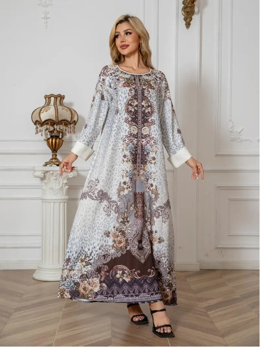 Elegantes langärmliges Abaya-Kleid mit Blumendruck