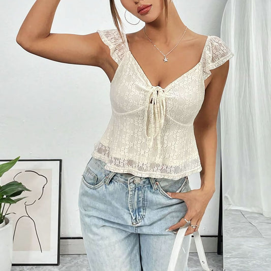 Top corto casual in pizzo con fascia in pizzo e scollo a V
