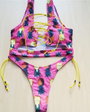 Ananas-Bikini für große Brüste Damen Schnür-Bademode Tanga-Bikini