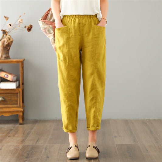 Pantaloni casual larghi a vita alta in lino da donna