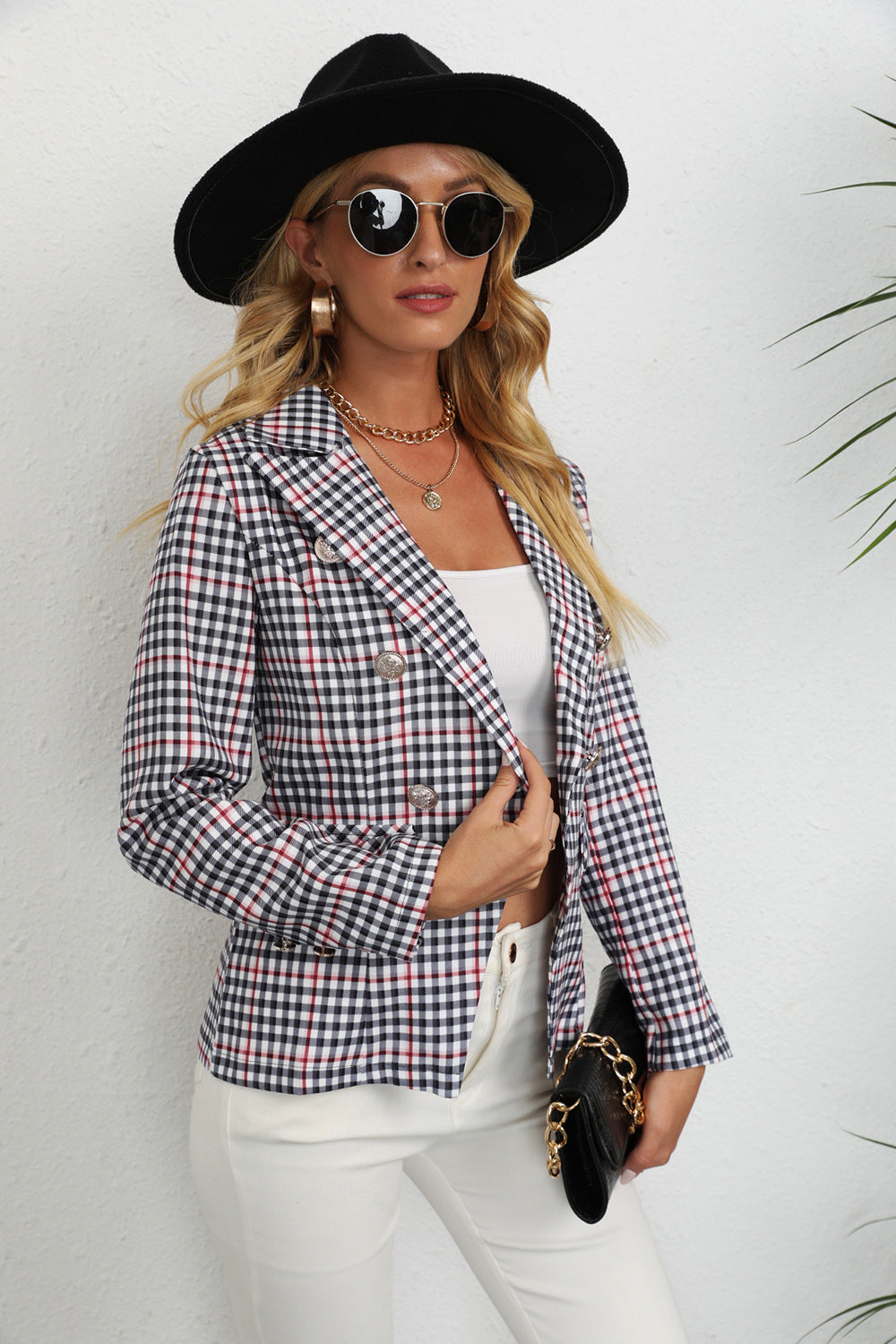 Women's Fashion Plaid Button Lapel Long Sleeve Coat