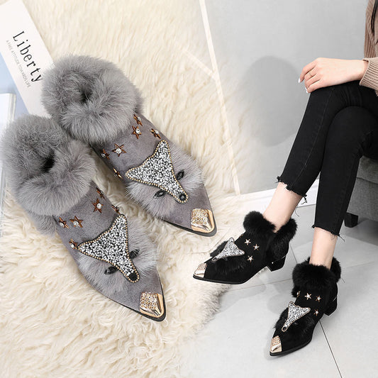 Plus Fleece Pointed Toe Thick Mid High Heel Boots