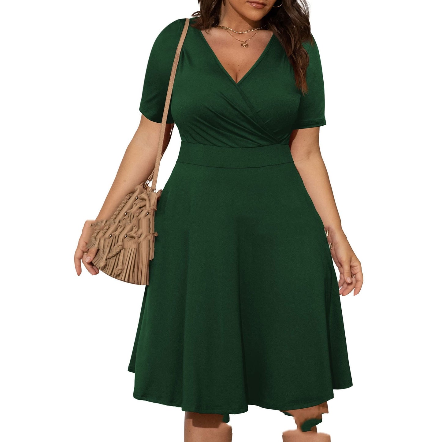 Plus Size Solid Color And V-neck Fashion Casual Fat Woman Commuter Short Sleeve