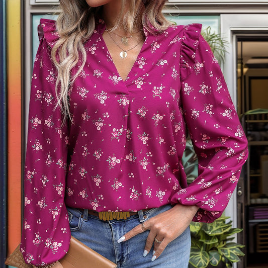 Camicia a maniche lunghe con stampa floreale da donna alla moda