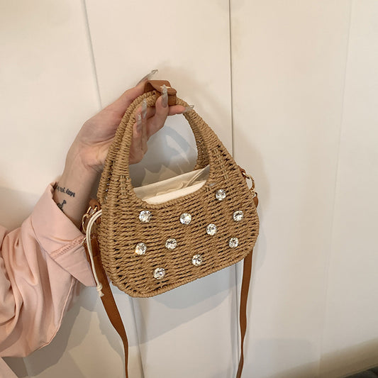 Borsa a tracolla portatile con strass da donna, borsa intrecciata