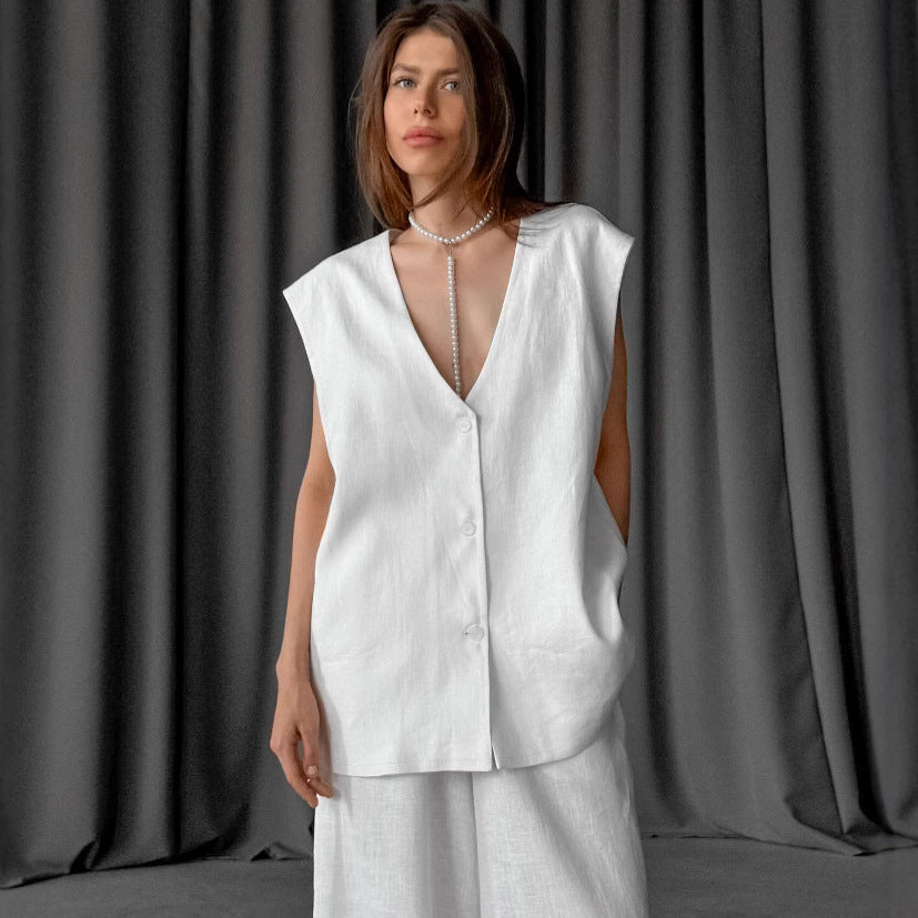 Weißer ärmelloser Westeanzug aus Baumwolle und Leinen mit V-Ausschnitt und hoher Taille