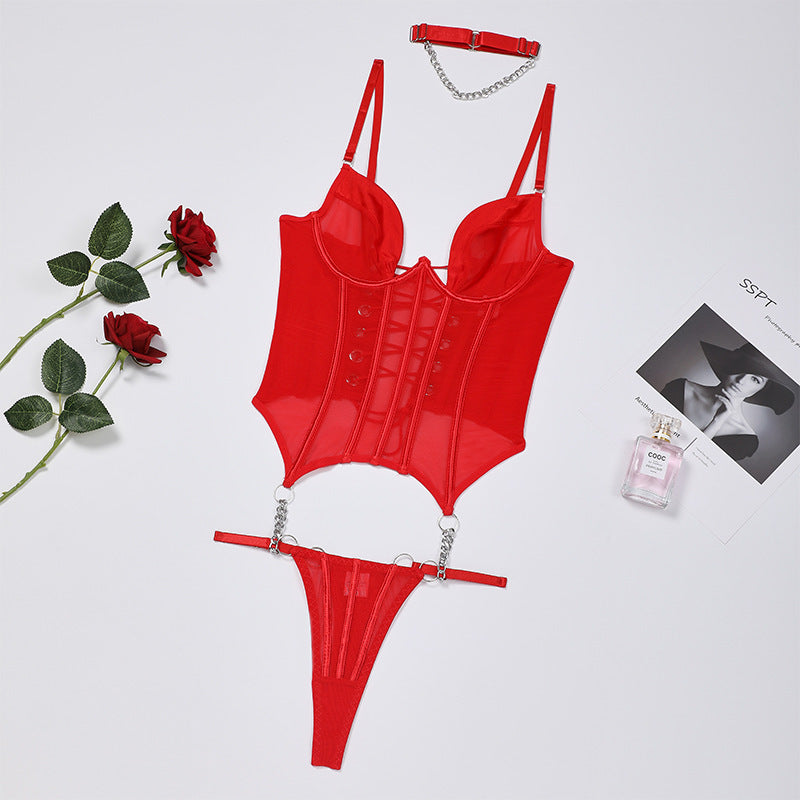 Abbigliamento da donna Set di tre pezzi con pizzo sexy in rete trasparente