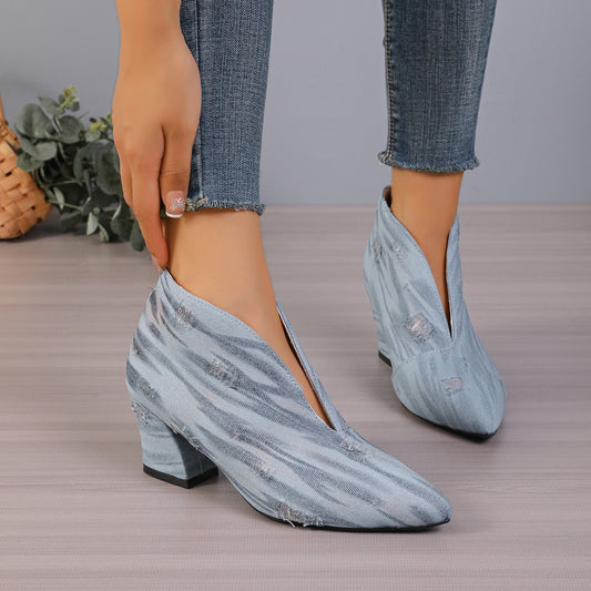 Stivaletti in denim con taglio a V europei e americani da donna