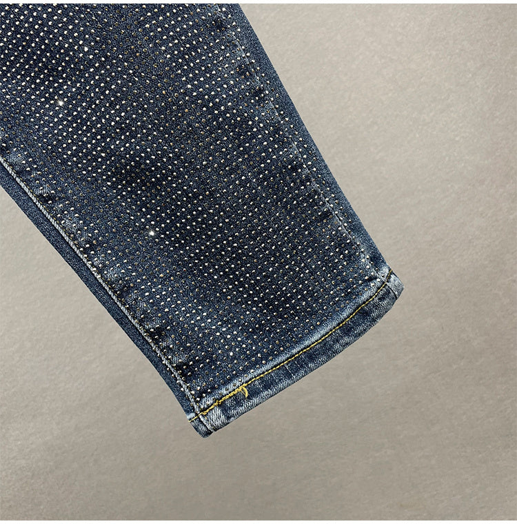Jeans larghi da donna in cotone elasticizzato a vita alta snellenti con strass caldi