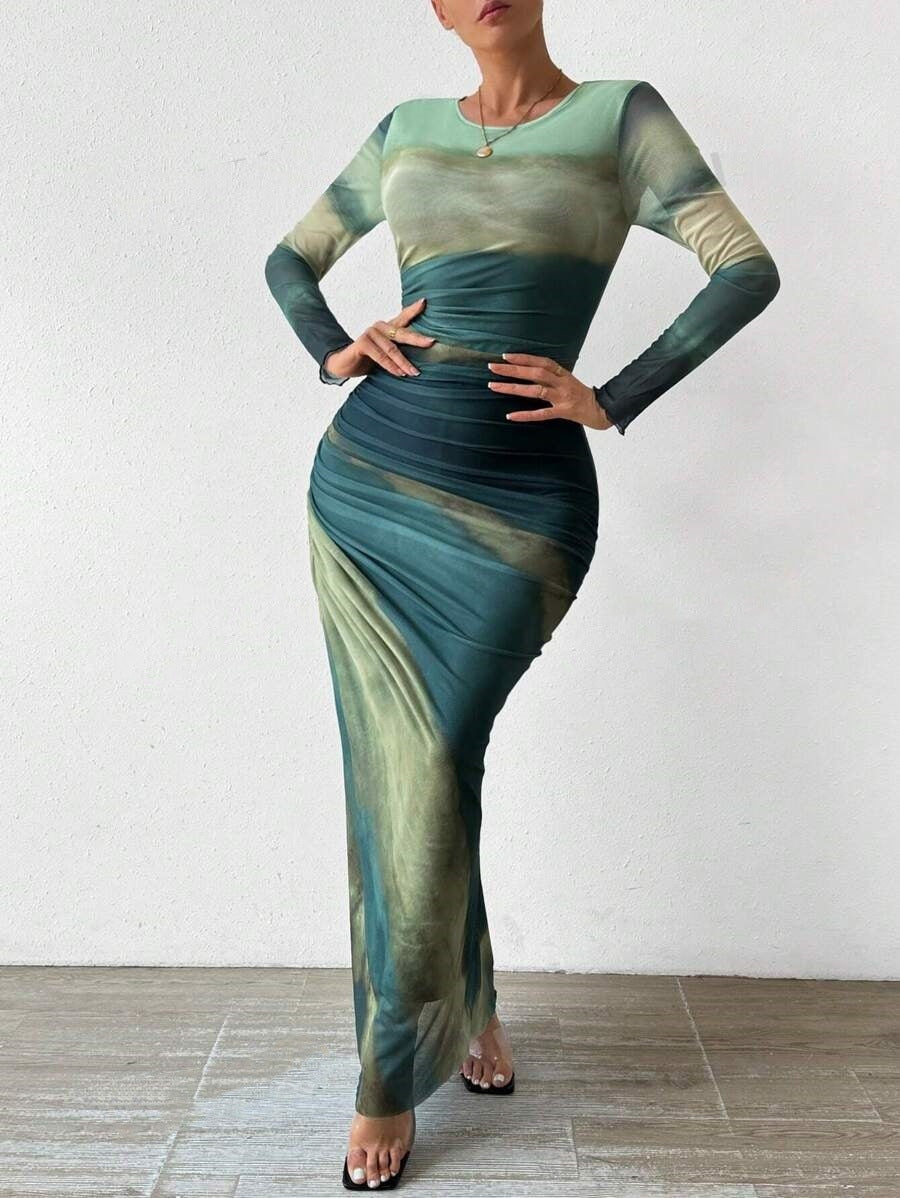 Batik-Langarm Slim Fit Hot Girl Langes Kleid Damen