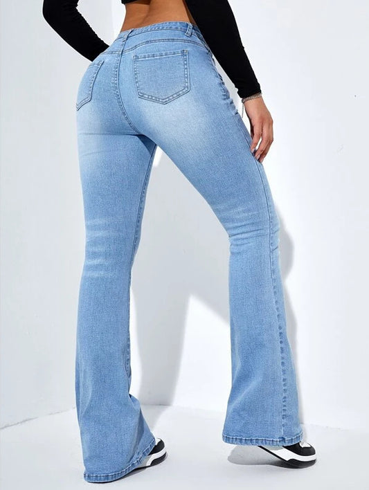 Damen Slim-Fit Jeanshose mit ausgestelltem Design, modische, lässige Stretchhose mit hoher Taille