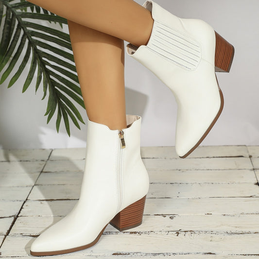 Stivaletti alla caviglia bianchi in PU comodi con tacco alto e punta a punta in tinta unita e tacco spesso