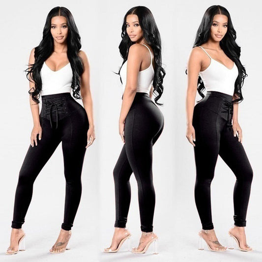 Women's Plus Size Pure Color Cotton Trousers Lace-up Pencil Pants