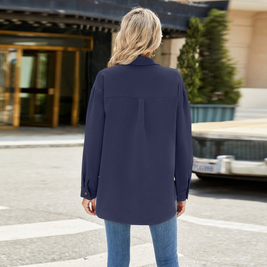 Camicia monopetto con risvolto alla moda, ampia, tinta unita, manica lunga, abbigliamento da donna