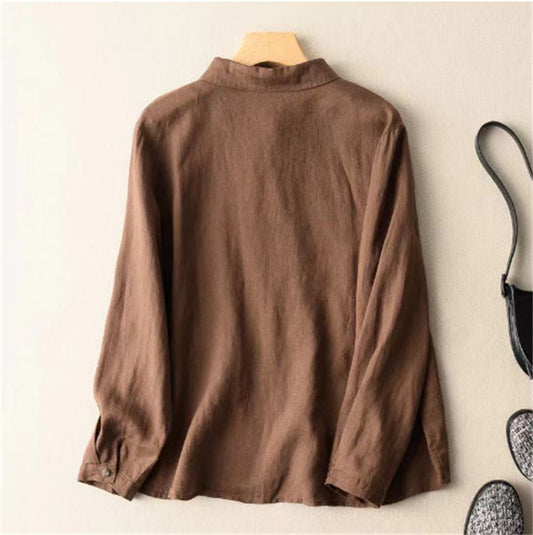 Damen Baumwoll-Leinen-Hemden mit literarischen Vintage-Patch-Tops