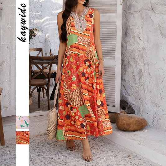 Vestito da vacanza senza maniche a trapezio con stampa a contrasto di colore, abbigliamento da donna