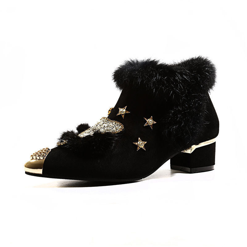 Plus Fleece Pointed Toe Thick Mid High Heel Boots