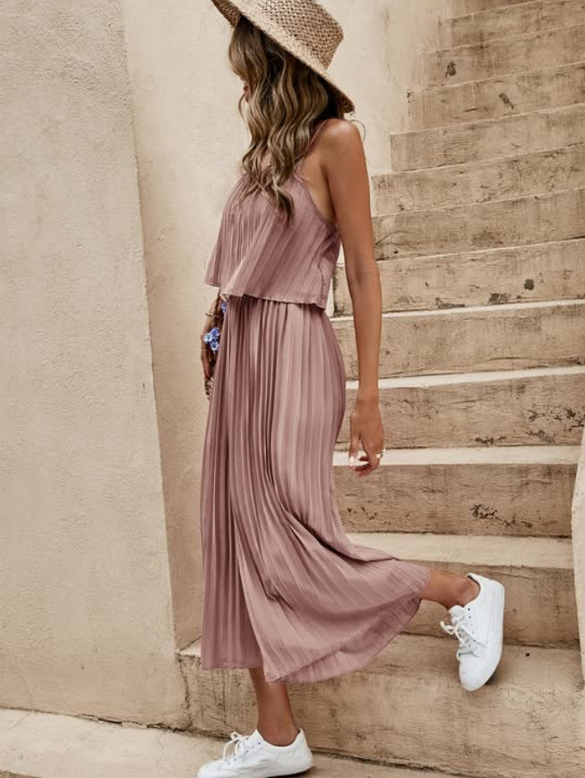 One-Piece Outfit Beach Style Striped Wide Leg Trousers Casual Suit