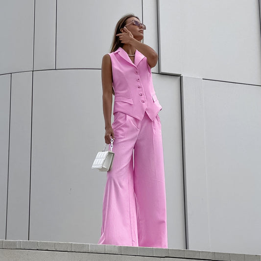 Ärmelloser Slim Fit-Westenanzug aus Baumwollleinen mit hoher Taille