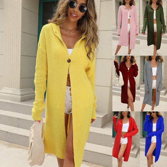 Cardigan in maglia tinta unita con cappuccio a maniche lunghe, lungo, lavorato a maglia, cappotto da donna