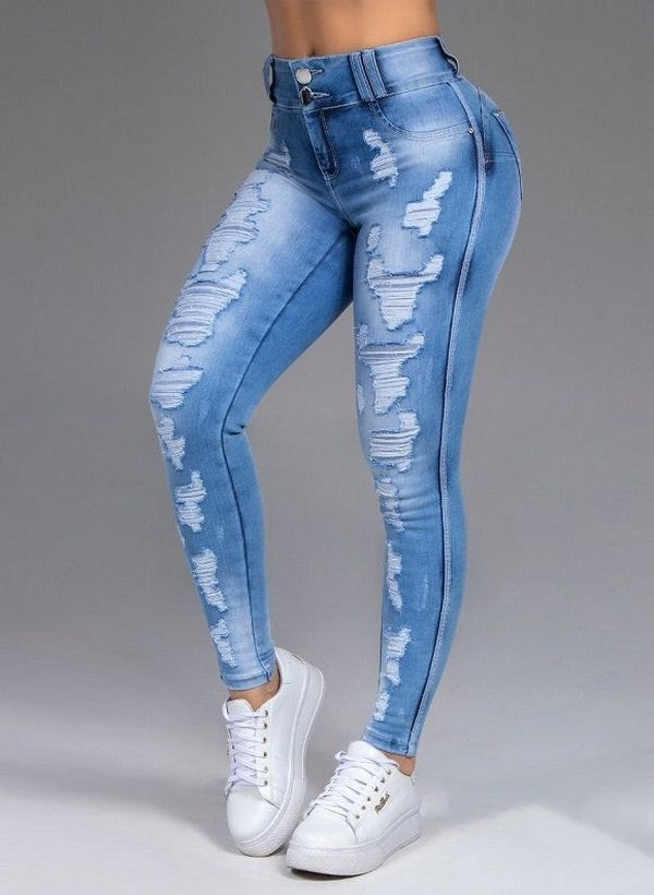 Modische zerrissene Skinny-Feet-Jeans mit hoher Taille für Damen