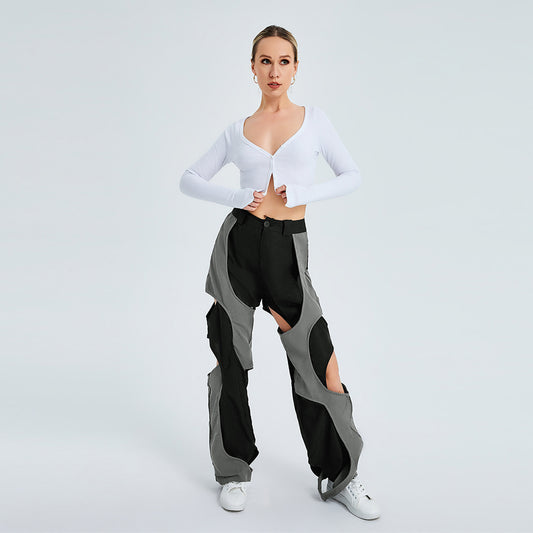 Pantaloni sportivi allacciati a vita alta con contrasto di colore e larghi pantaloni casual in tessuto