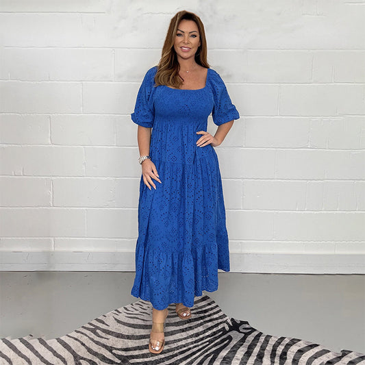 Comfortable Loose High Waist Embroidered Solid Color U Collar Dress For Women