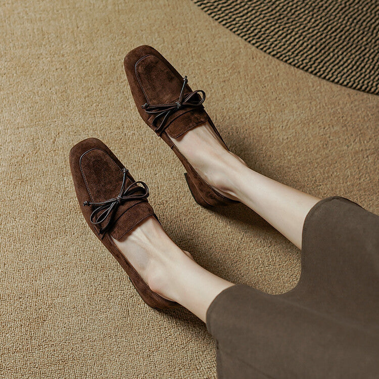 Spring And Autumn New Square Toe Chunky Heel Pumps Bow Comfortable Split Leather High Heel