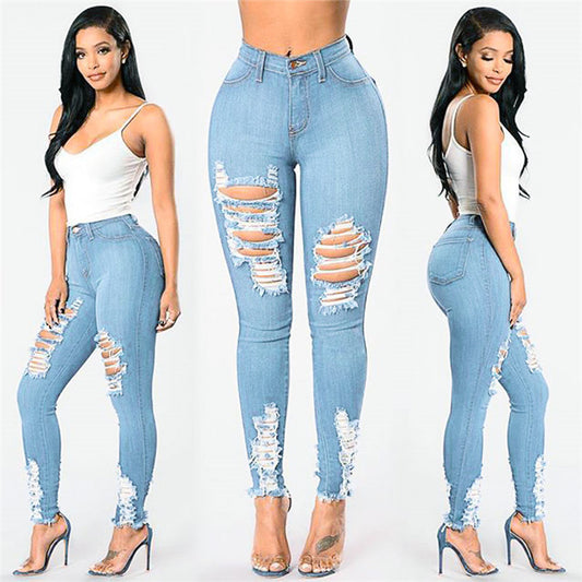 Damen Jeans Damen Zerrissene elastische Füße Hose