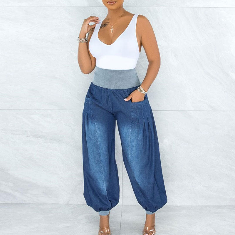 Sommer Dünne Lose Weite Bein Hosen Harem Hosen Elastische Taille Denim Hosen Frauen