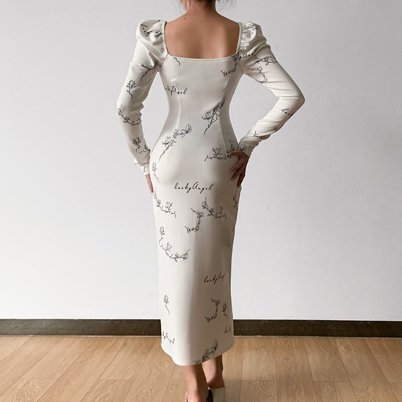 Nuovo temperamento delicato stampa quadrato scollo alto vita spaccata abito da donna