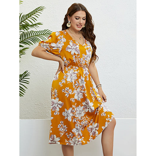 Yellow Printings Waist Slimming Dress Women