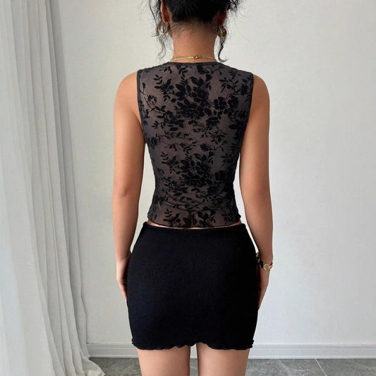 Slim Fit Flocking Mesh Black Contrast Color Lace V-neck Vest Top