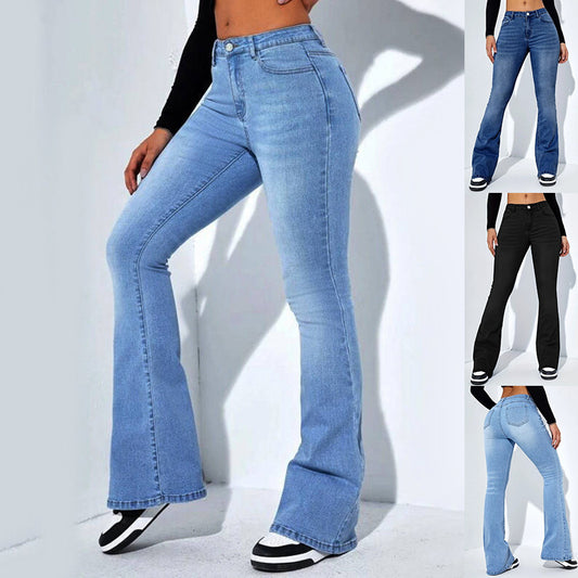 Damen Slim-Fit Jeanshose mit ausgestelltem Design, modische, lässige Stretchhose mit hoher Taille