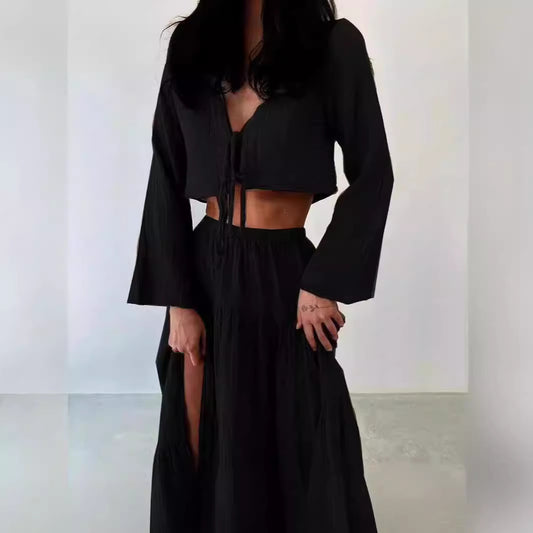 Fashion Cardigan V-neck Lace-up High Slit Cotton And Linen Two-piece Suit Skirt