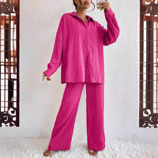 Pantaloni alla moda casual europei e americani in stile plissettato, manica lunga, risvolto, elegante, completo da donna