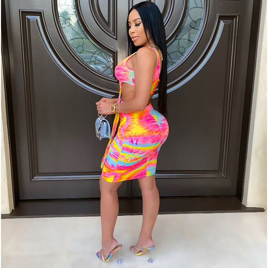 Completo due pezzi con gonna e gilet casual con stampa tie-dye