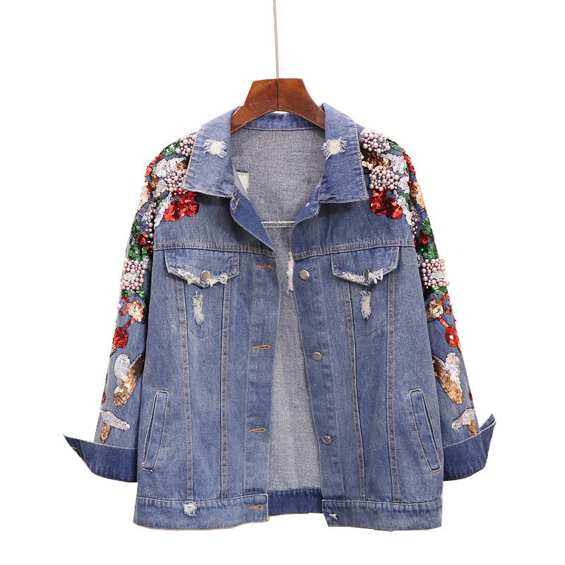 Giacca di jeans snellente con perline e paillettes ricamate, modello Loose Heavy Industry, da donna