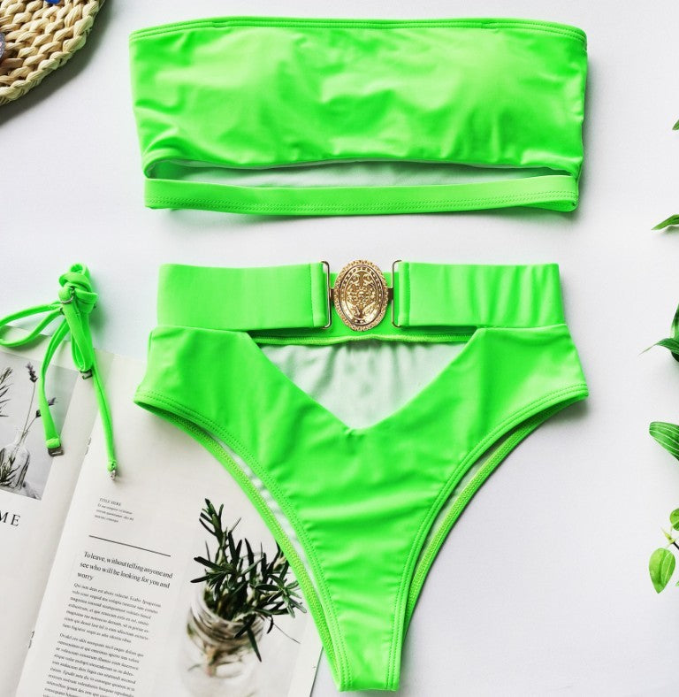 Ladies split swimsuit with metal buckle