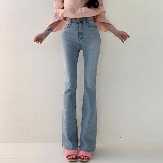 Jeans versatili a vita alta snellenti con due bottoni e doppia tasca, leggermente svasati, per donna